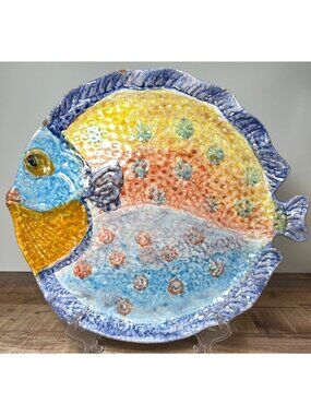 Hand-Painted Italian Fish-Shaped Ceramic Platter Vibrant Multicolor Textured
